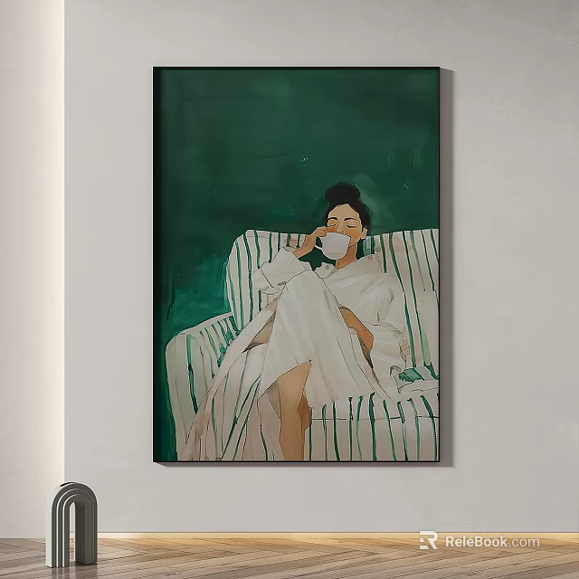 Abstract Painting of Woman in White Robe Holding Cup on Green Striped Chair Green Background 3d model 