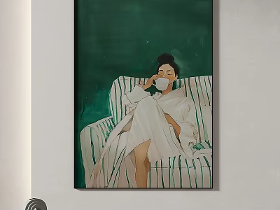 Abstract Painting of Woman in White Robe Holding Cup on Green Striped Chair Green Background 3d model