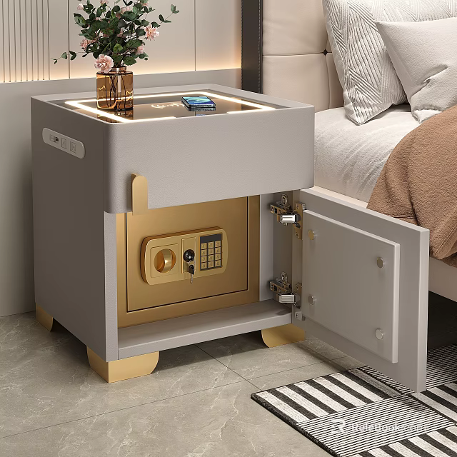 Gray Modern Nightstand With Built In Golden Safe And Password Lock 3d model