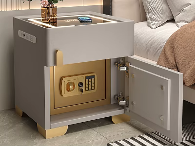 Gray Modern Nightstand With Built In Golden Safe And Password Lock 3d model