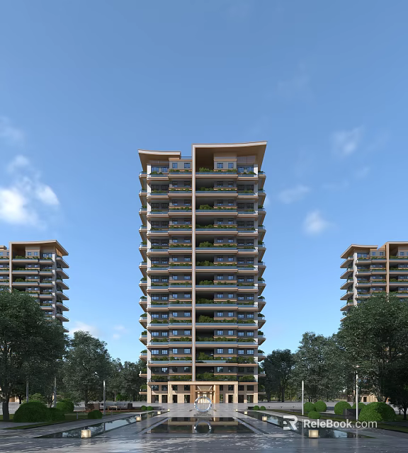 Modern High Rise Residential Building with Balconies and Trees Under Blue Sky 3d model 