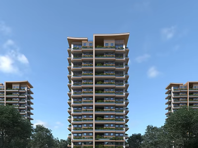 Modern High Rise Residential Building with Balconies and Trees Under Blue Sky 3d model