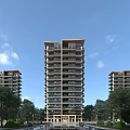 Modern High Rise Residential Building with Balconies and Trees Under Blue Sky