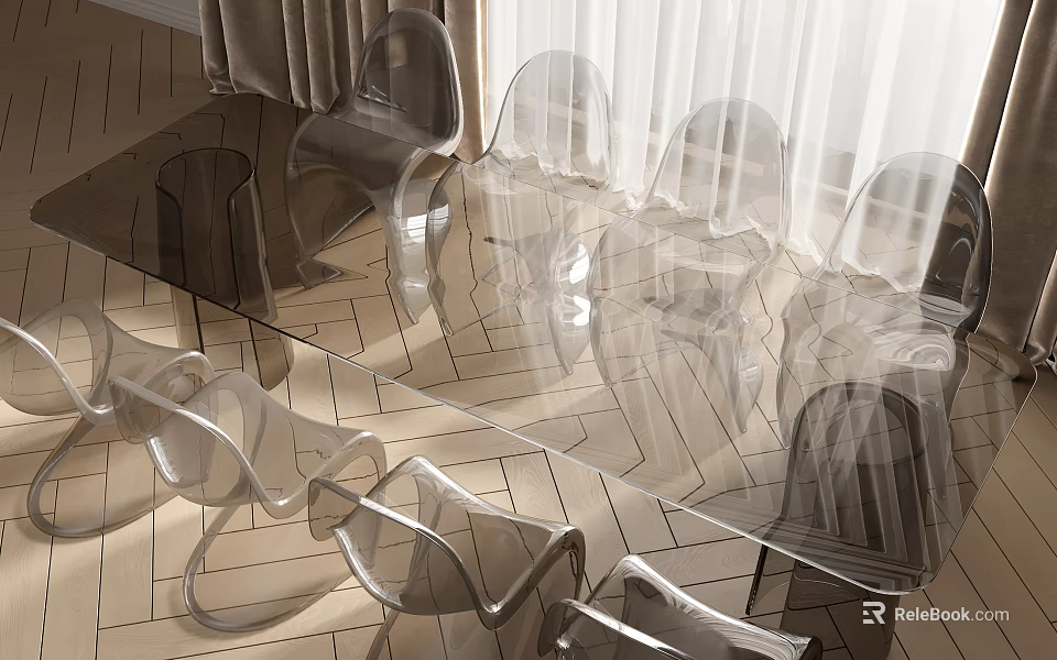 Several Transparent Leisure Chairs Placed In Indoor Space With Geometric Pattern Floor 3d model 