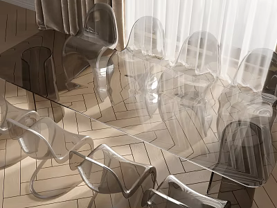 Several Transparent Leisure Chairs Placed In Indoor Space With Geometric Pattern Floor 3d model