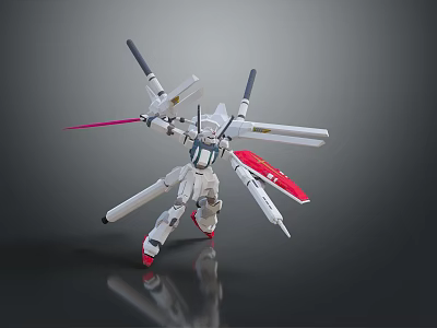 White Mecha Robot Character With Red Blue Accents Swords And Cannons Battle Stance 3d model