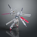 White Mecha Robot Character With Red Blue Accents Swords And Cannons Battle Stance
