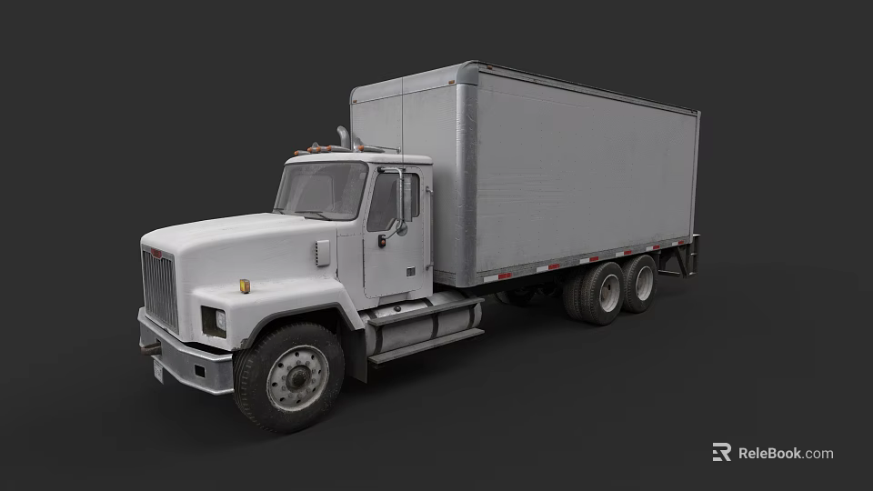 White Cargo Truck With Large Enclosed Box Cab And Double Rear Wheels 3d model 