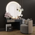 Modern Dressing Table With Round Mirror Hanging Pendant Lights Cosmetics And Pink Flowers