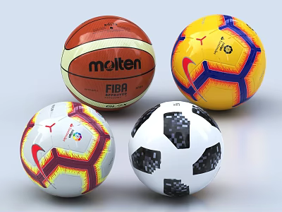 Various Sports Equipment Featuring Molten Basketball And Nike Soccer Balls With Different Colors And Designs 3d model