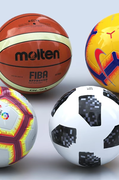 Various Sports Equipment Featuring Molten Basketball And Nike Soccer Balls With Different Colors And Designs 3d model