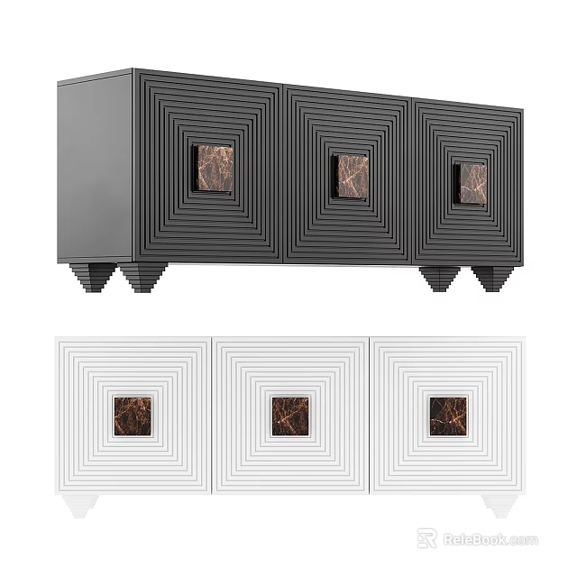 Modern Black And White TV Stand With Geometric Patterns And Decorative Panels 3d model