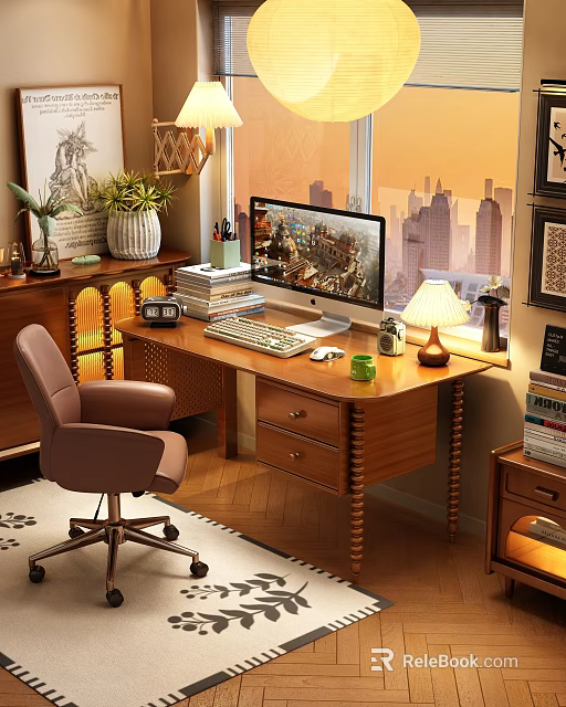 Wooden Home Office Desk With Computer Monitor Table Lamp And Leather Chair 3d model 
