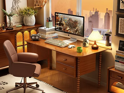 Wooden Home Office Desk With Computer Monitor Table Lamp And Leather Chair 3d model