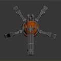Spider Shaped Mechanical Weapon With Orange Silver Body And Rotating Cannon Barrel