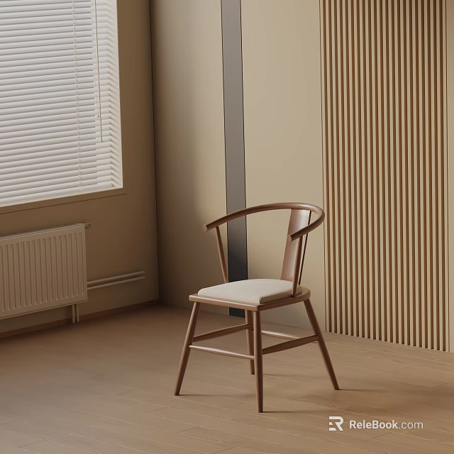 Wooden Frame Dining Chair With Curved Backrest Light Cushion And Beige Wall Wooden Slat Decor 3d model 