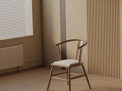 Wooden Frame Dining Chair With Curved Backrest Light Cushion And Beige Wall Wooden Slat Decor 3d model