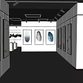 Art Gallery Exhibition Hall With Paintings On White Walls Square Lights And Dark Floor
