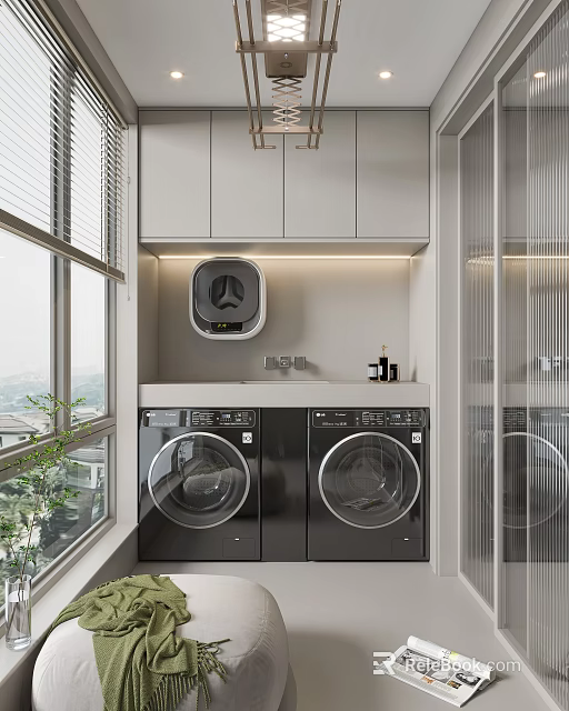 Modern Home Balcony With Washing Machine Dryer White Cabinets And Green Plants 3d model 
