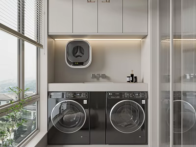Modern Home Balcony With Washing Machine Dryer White Cabinets And Green Plants 3d model
