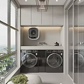 Modern Home Balcony With Washing Machine Dryer White Cabinets And Green Plants