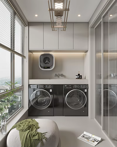 Modern Home Balcony With Washing Machine Dryer White Cabinets And Green Plants 3d model