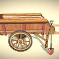 Rustic Vintage Wooden Cart With Wheel Shovel Lantern And Metal Bucket