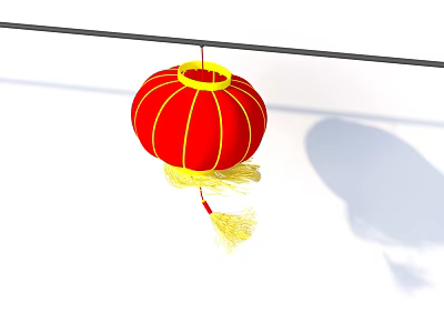 Traditional Red Lantern With Yellow Tassels Hanging On Rod As Household Decorative Item 3d model