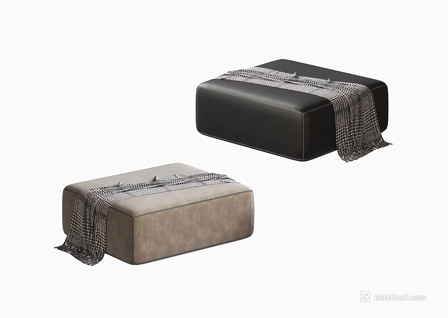 Stylish Black and Beige Ottoman with Plaid Pattern Blanket for Living Room Decor 3d model 