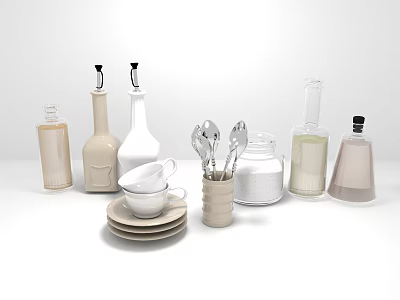 Kitchen Utensils Collection With Bottles Spoons Cups Plates And Glass Jars 3d model