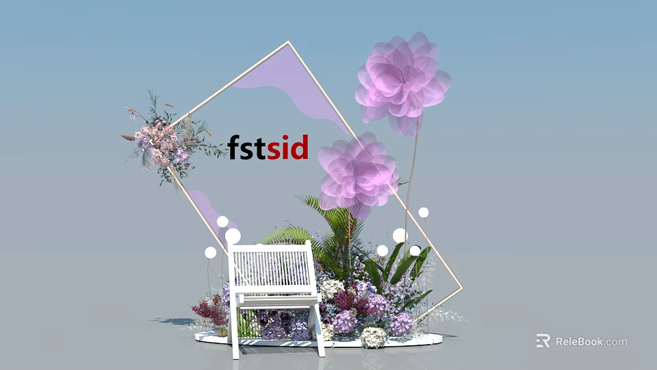 Floral Installation with Geometric Frame Purple Flowers White Bench and Green Plants Lighting Decor 3d model 