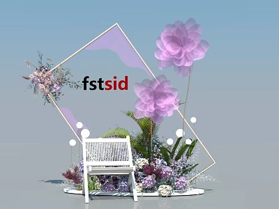 Floral Installation with Geometric Frame Purple Flowers White Bench and Green Plants Lighting Decor 3d model