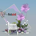 Floral Installation with Geometric Frame Purple Flowers White Bench and Green Plants Lighting Decor