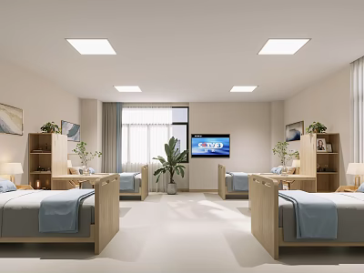 Modern Nursing Room Interior With Beds Blue Sheets TV Plants And Bookshelves 3d model