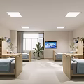 Modern Nursing Room Interior With Beds Blue Sheets TV Plants And Bookshelves