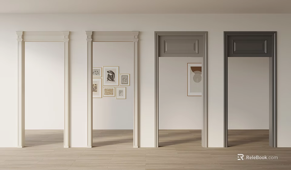 Interior Design With Multiple Door Frames Decorative Paintings Light Wall And Wooden Floor 3d model 