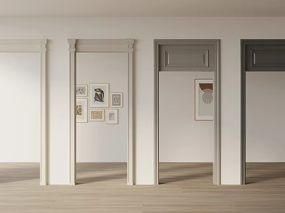 Interior Design With Multiple Door Frames Decorative Paintings Light Wall And Wooden Floor 3d model