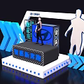Futuristic Stage Art Installation With Blue Arrows Musician Silhouette And New Experience