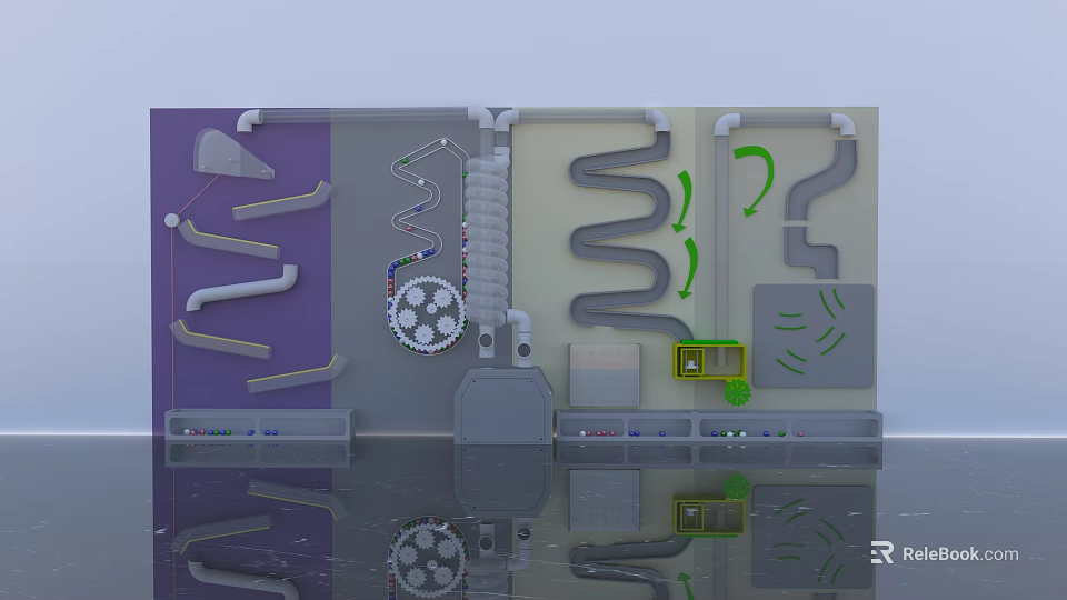 Industrial Background Wall Featuring Purple Section White Pipes Green Arrows And Gray Structures 3d model