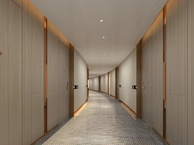 Hotel Corridor Interior Design With Wooden Doors Recessed Ceiling Lights And Tiled Flooring 3d model