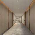 Hotel Corridor Interior Design With Wooden Doors Recessed Ceiling Lights And Tiled Flooring
