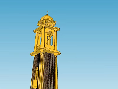Golden Dome Bell Tower With Brown Decorative Structure And Blue Sky 3d model