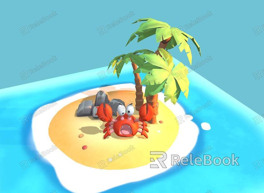 Small Island Island Plant Coconut Tree Cartoon Scene Cartoon Crab Cartoon Stone Cartoon Plant Hand-painted Scene Styled Scene model