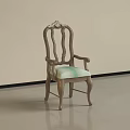 Classic Wooden Dining Chair With Ornate Carved Backrest Armrests And Pastel Upholstered Seat