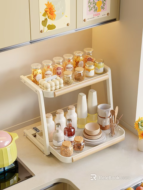 Practical Kitchen Storage Shelf With Glass Spice Jars Containers Dishes And Utensils 3d model 
