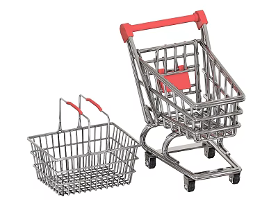 Metal Shopping Cart And Basket With Red Handles For Retail 3d model