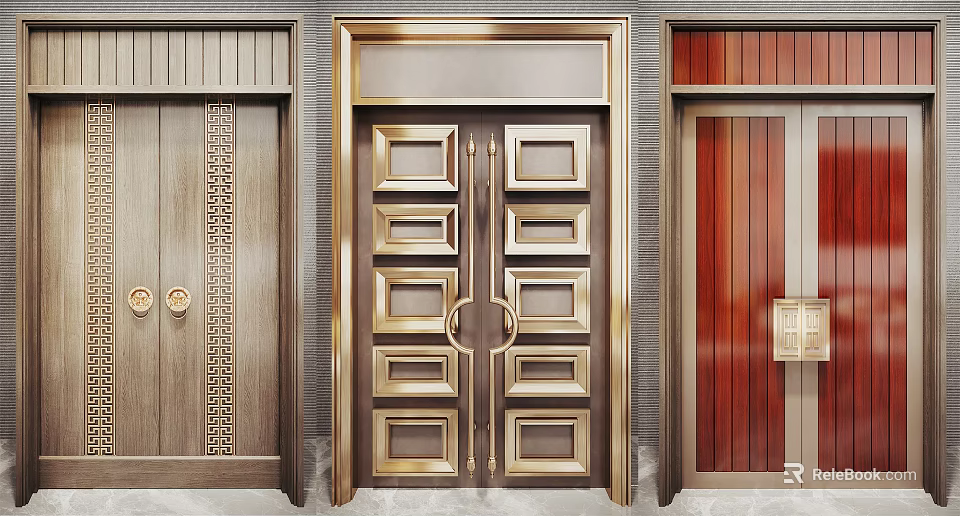 Luxurious Gold Metal Double Doors With Decorative Panels And Classic Frame Design 3d model 