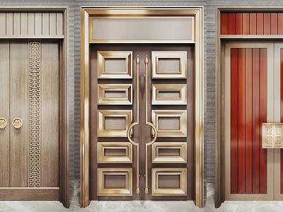 Luxurious Gold Metal Double Doors With Decorative Panels And Classic Frame Design 3d model
