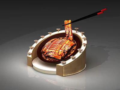 Traditional Chinese Roast Suckling Pig Served On Metal Stand With Chopsticks 3d model