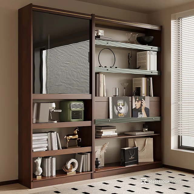 Stylish Modern Bookshelf Interior With Books Decorations Photo Frames And Blinds 3d model 
